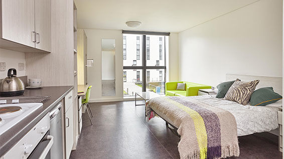 Studio room showing cookie area, bed and large window
