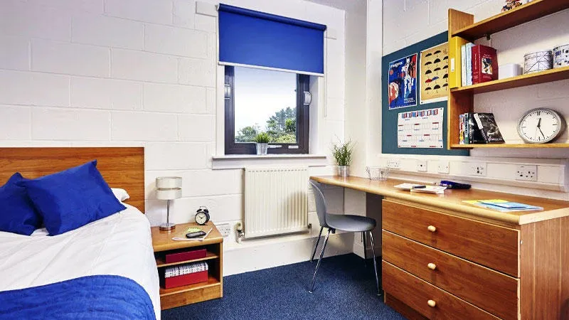 An en-suite bedroom in student residences with bed, writing desk, window and shelf unit.