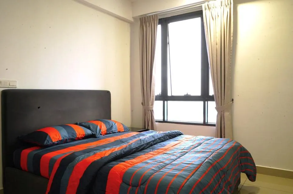 Bedroom with queen-sized bed and big window