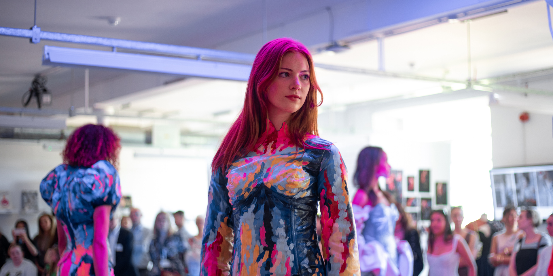 Model poses during degree show catwalk at Scottish Borders Campus