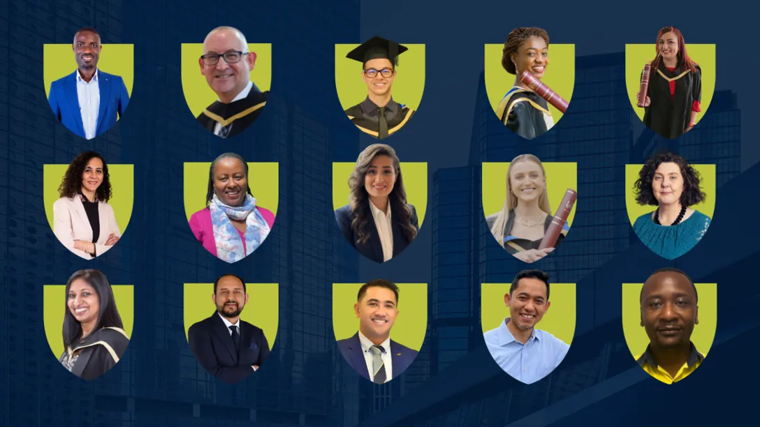 Collage of diverse MBA students and graduates shown in portrait format against shield-shaped backgrounds. Individuals include men and women, some in graduation attire holding diplomas and others in professional business dress.