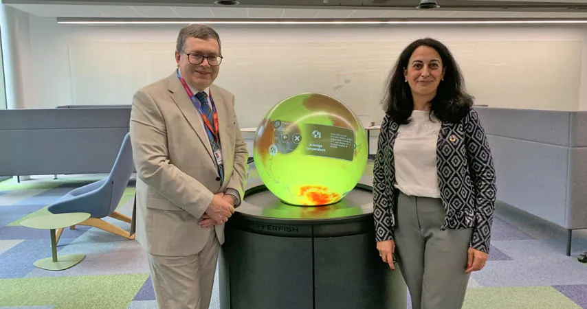 Announcing the publication of the Climate Action Framework; Professor Richard A. Williams, Principal and Vice-Chancellor and Professor Mercedes Maroto-Valer, Deputy Principal for Global Sustainability. Principal Richard A Williams and Professor Mercedes Maroto-Valer