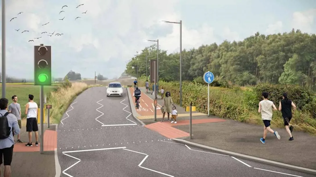 The proposed new road layout with segregated cycle lane along Curriehill Road