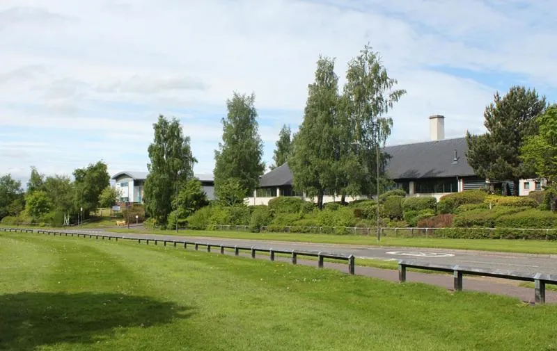 Buildings with trees and grass