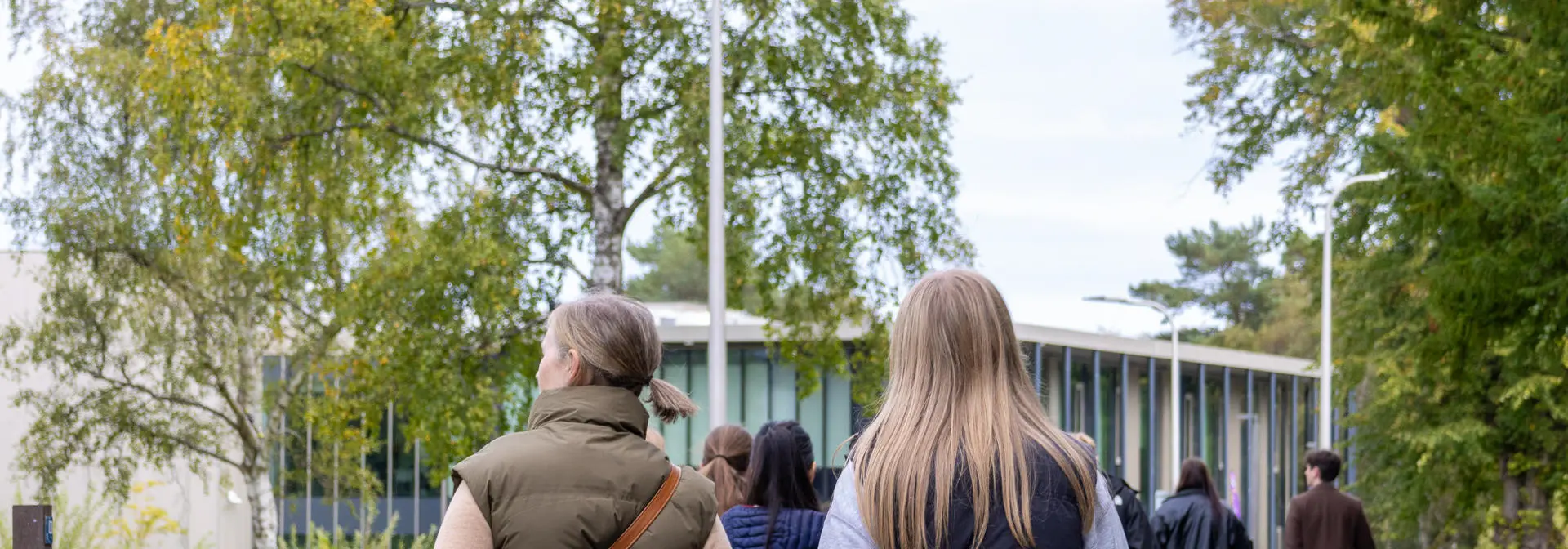 Individuals walking towards a building with trees and nature either side.