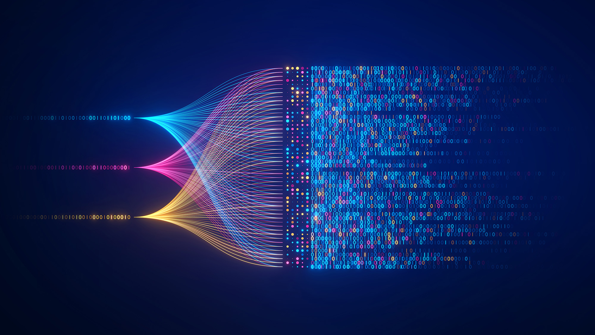 Abstract network using streams of coloured binary characters