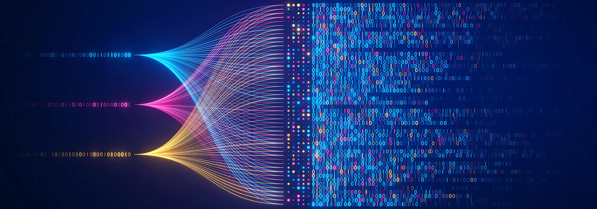 Abstract network using streams of coloured binary characters