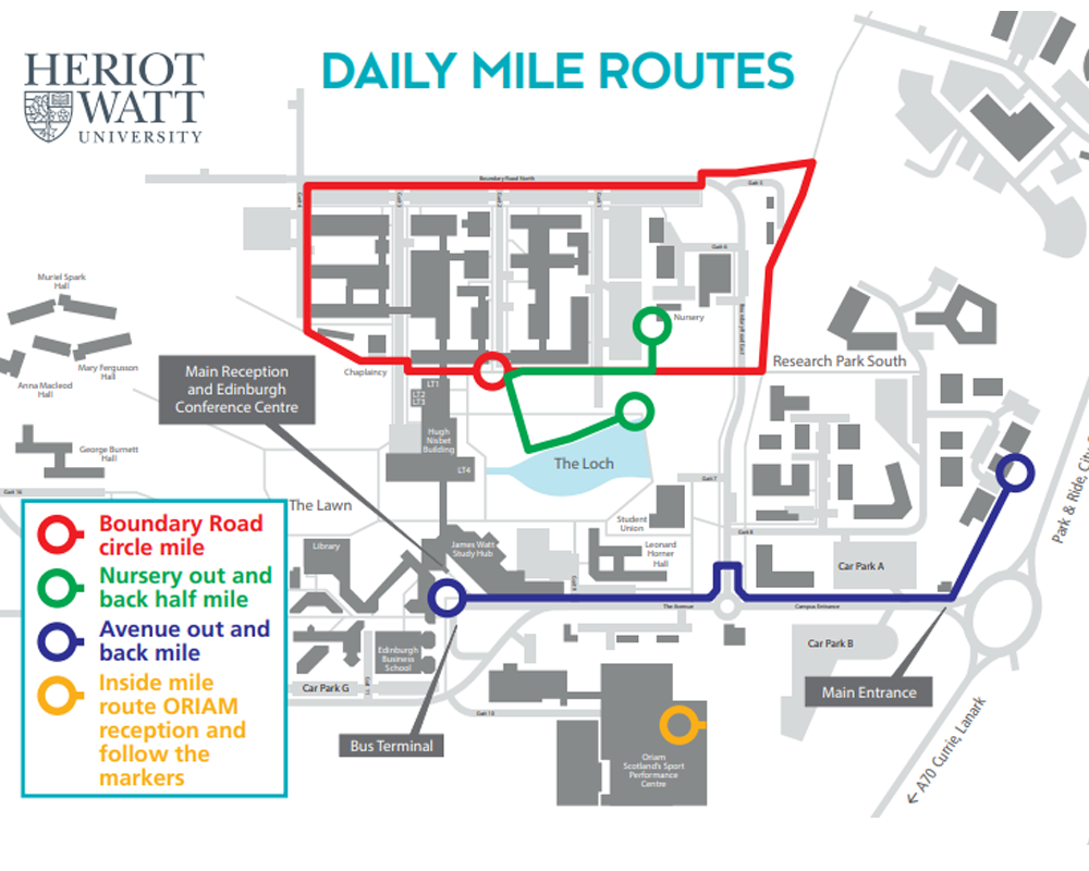 Map showing four routes around Edinburgh Campus, each around one mile