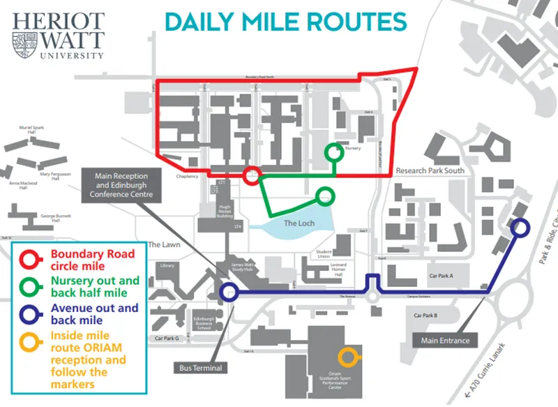 There are four mile-long routes within the Edinburgh Campus Map showing four routes around Edinburgh Campus, each around one mile