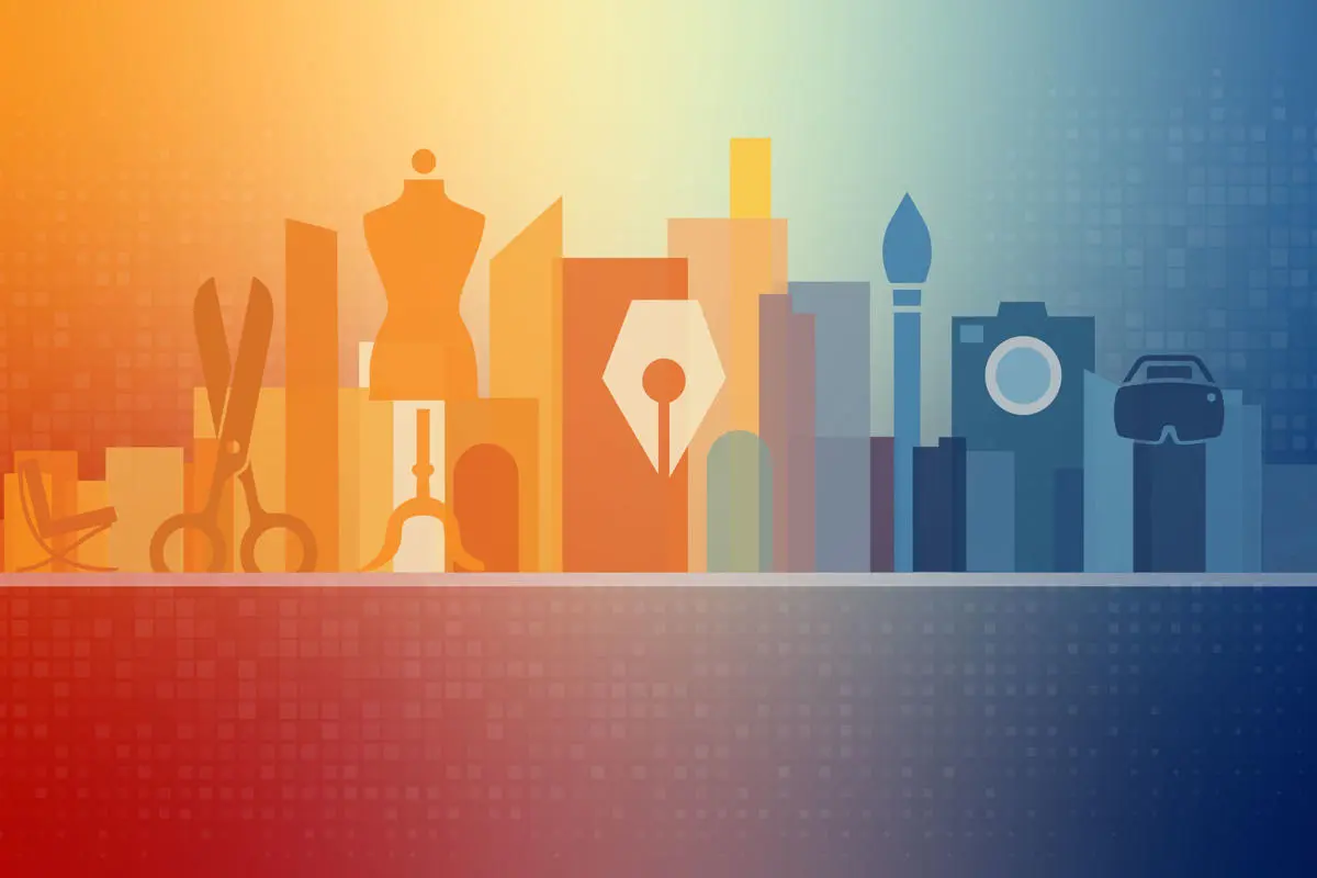 minimal illustration of skyscrappers with illustrations of various textile, design and media elements infront of it.