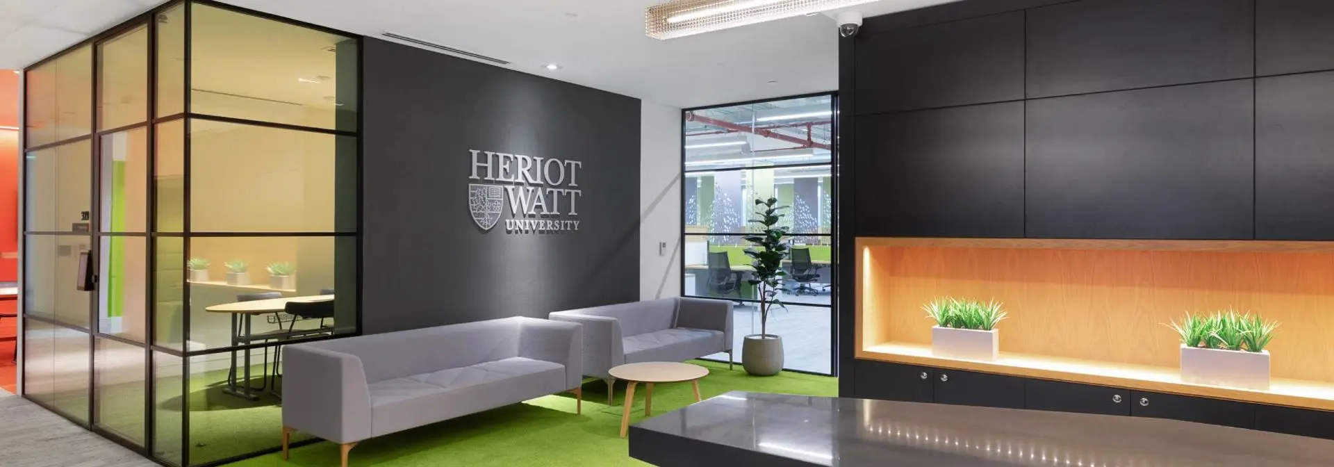Interior reception and sitting area on the Heriot-Watt Dubai campus.