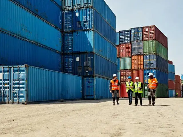 Workers wearing hi-vis vsets and hard hats, walking beside shipping containers