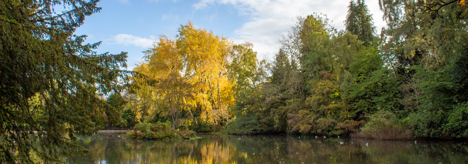 Picture overlooking the loch in Edinburgh with autumnal trees in the background.