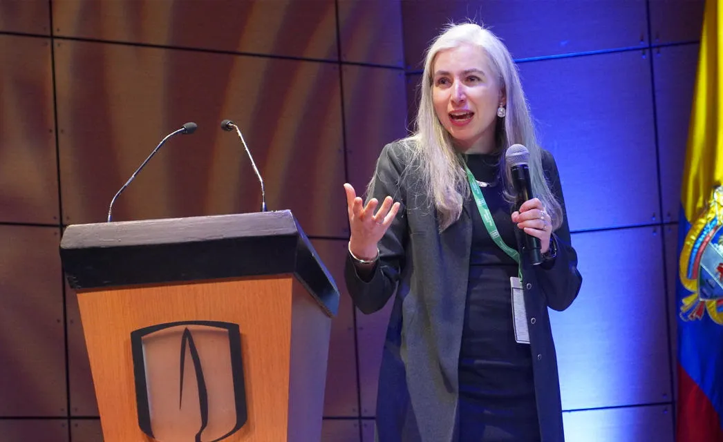 Dr Claudia Aravena at the 2025 Congress of the Latin American Association of Environmental and Resource Economists, giving her first speech as President. 