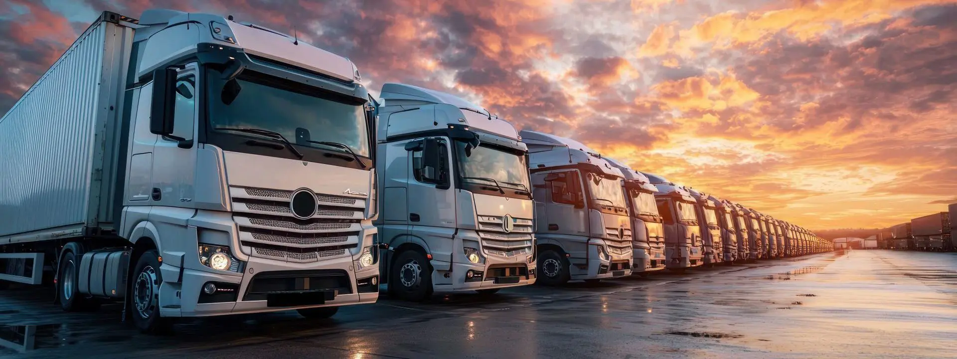 A line of white trucks in a car park at sunset.