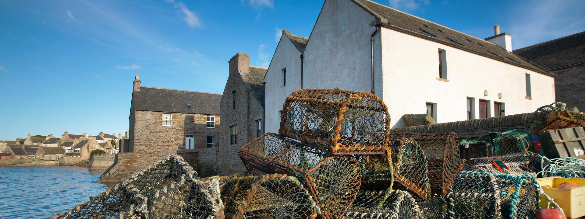 Crab creels at harbour in Orkney