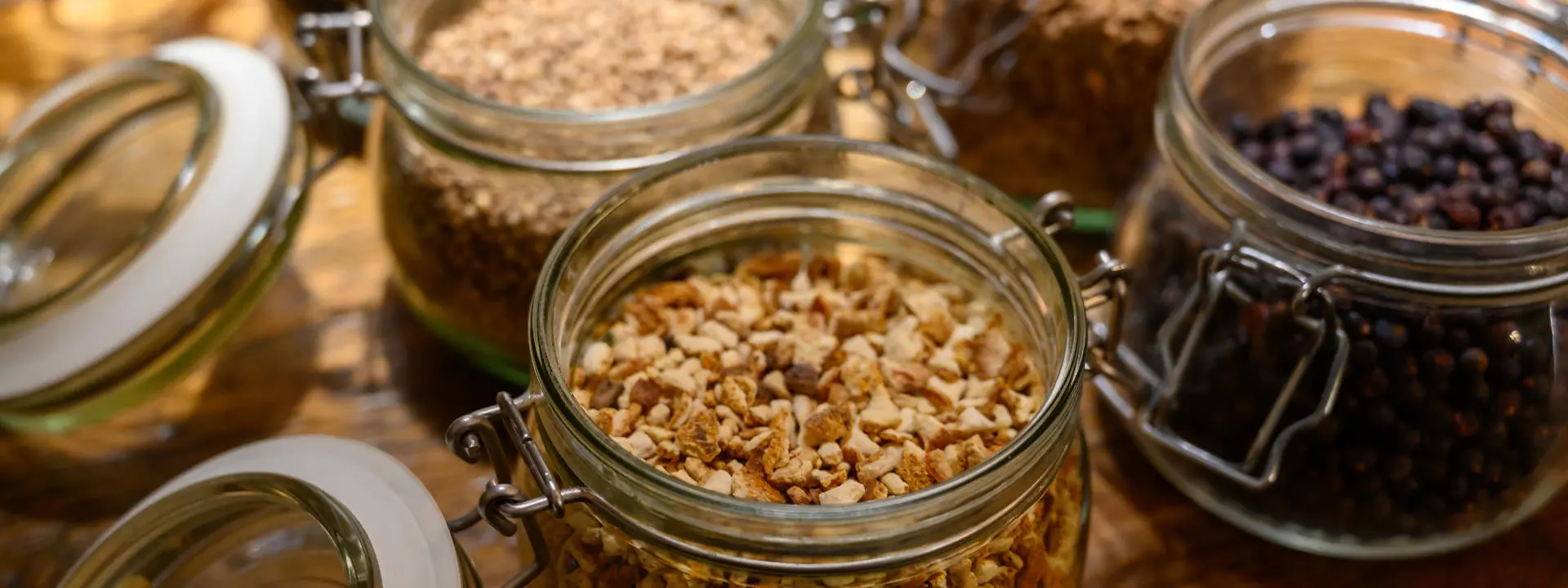 Jars of botanicals used for gin production