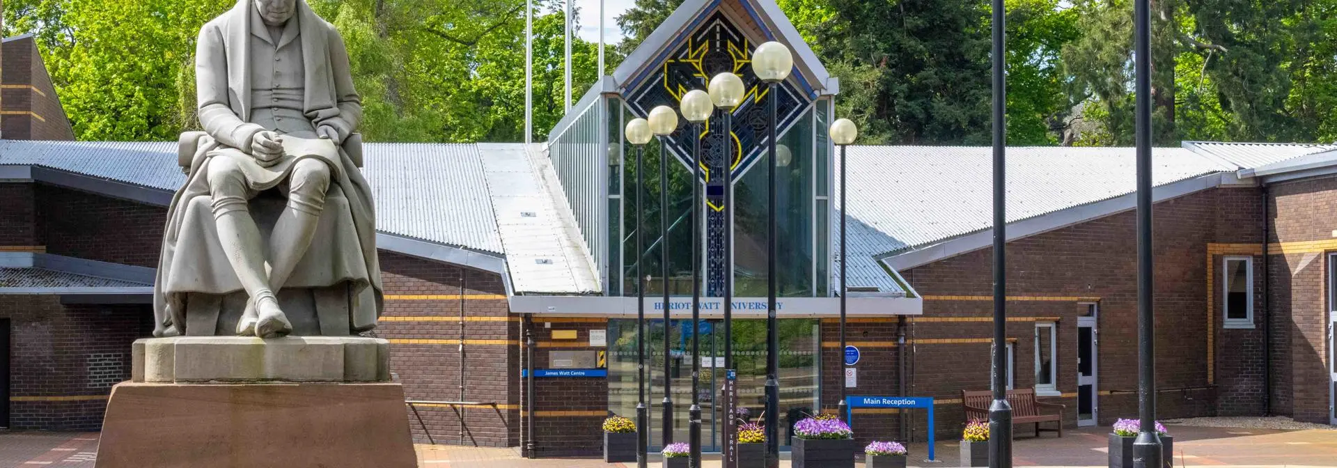 Image shows the main entrance to Heriot-Watt's Edinburgh campus.