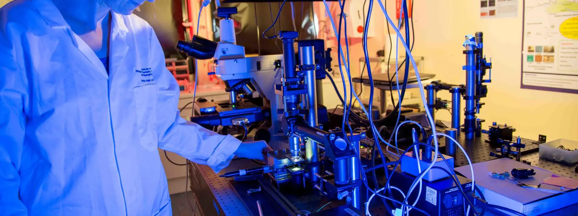 Assistant Professor, Lynn Paterson from u-Care, stands in a lab coat using a microscope.