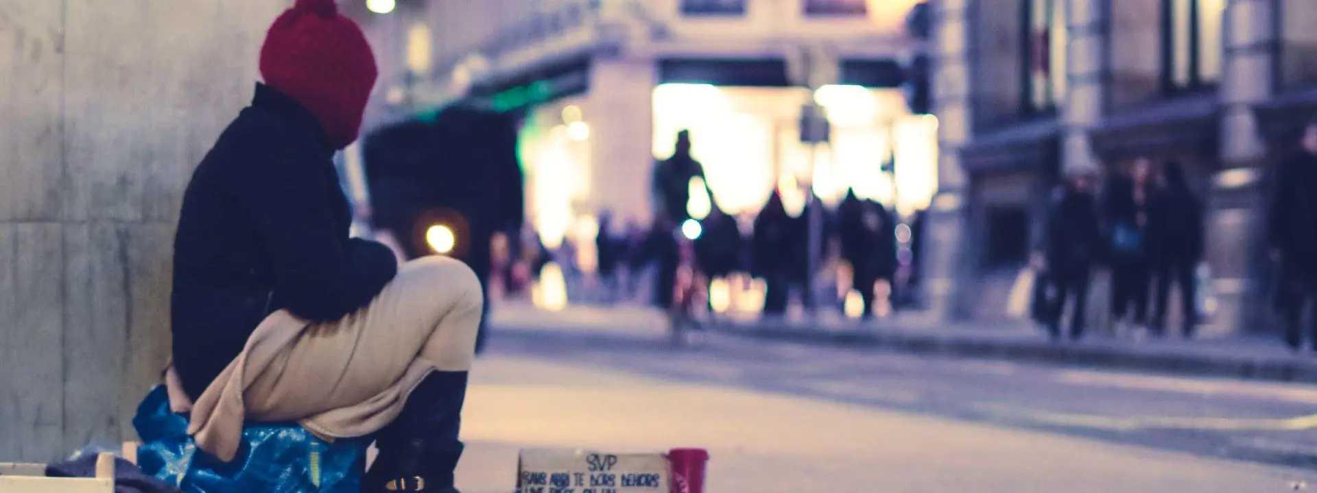 A street scene with homeless person