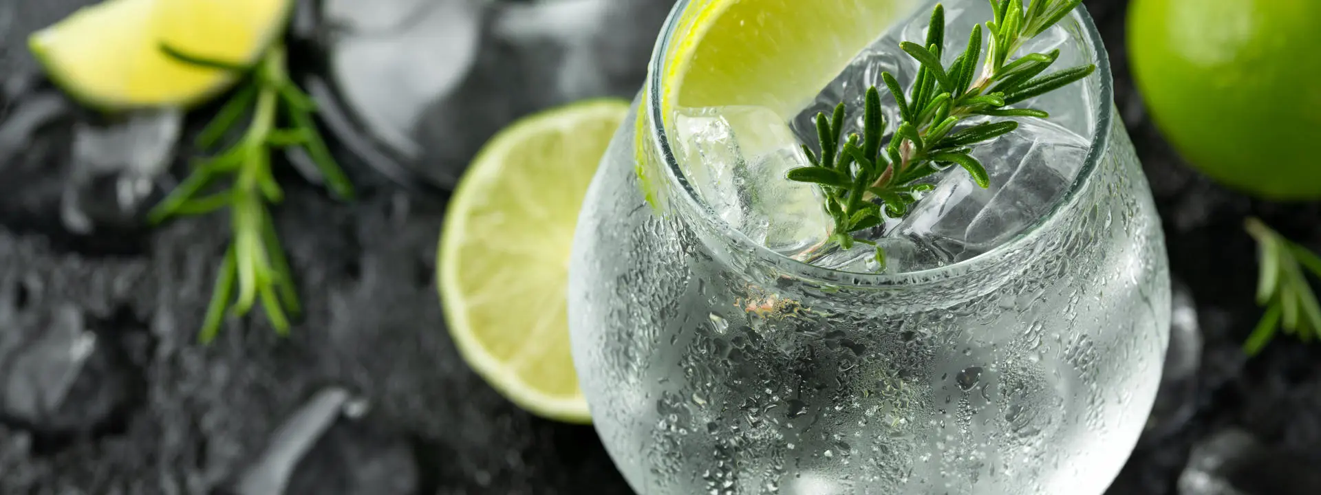 Glass of gin and tonic garnished with lemon and rosemary