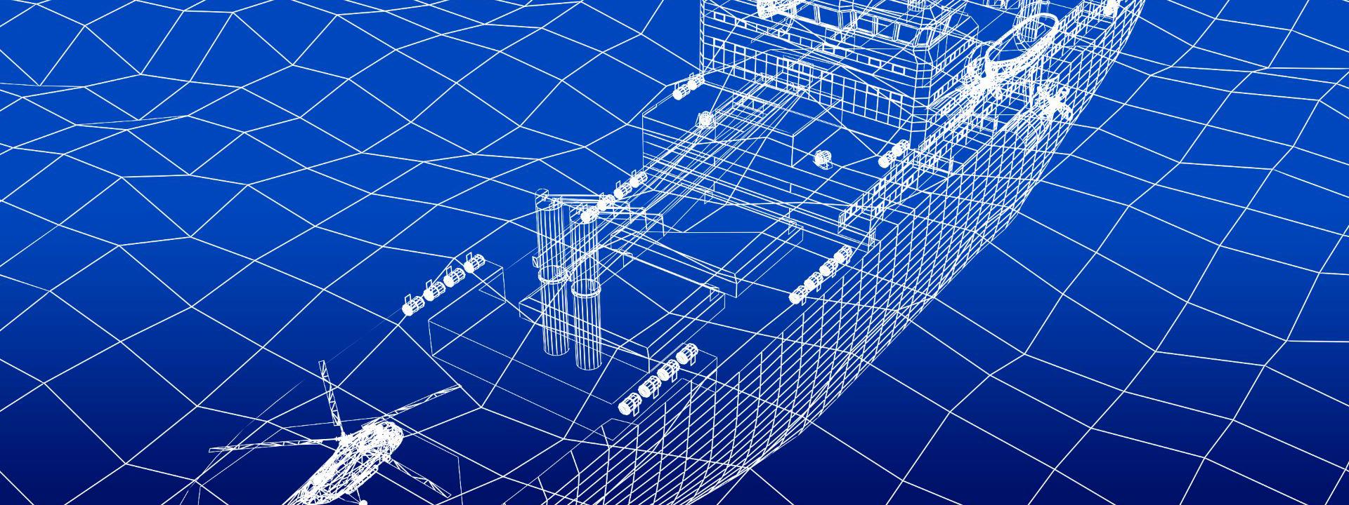 Wireframe image of a ship