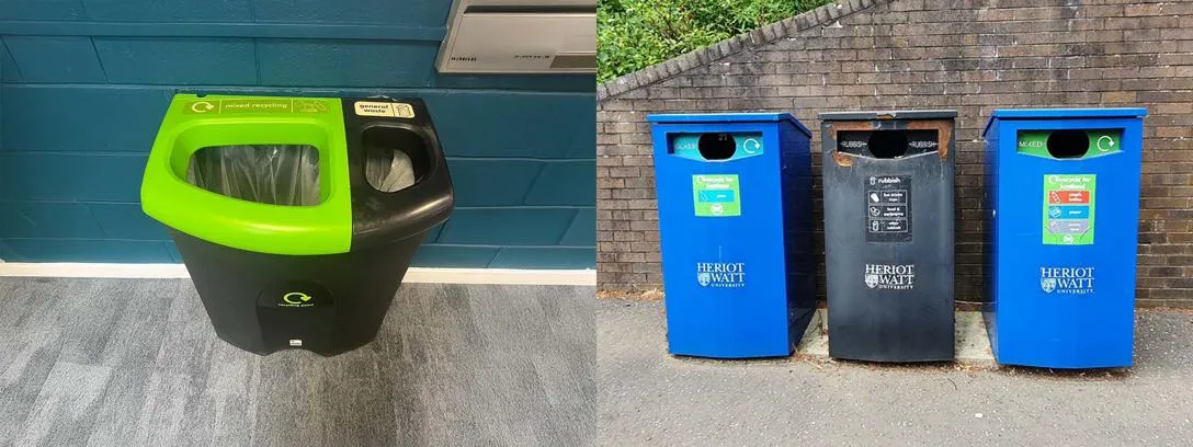 Outdoor and indoor bins for glass, dry mixed recycling and general waste