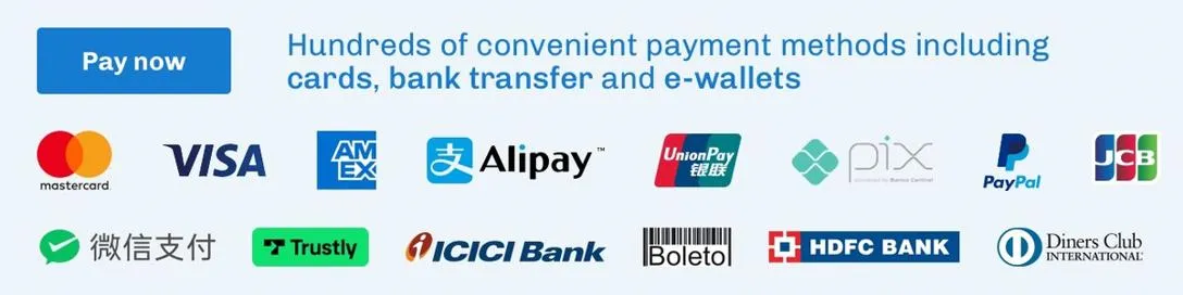 Pay now: Hundreds of convenient payment methods including cards, bank transfer and e-wallets
