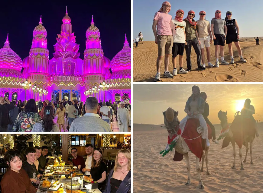 A collage displaying Dubai Global village, srudents posing in the desert, riding camels in the desert and having a meal together.