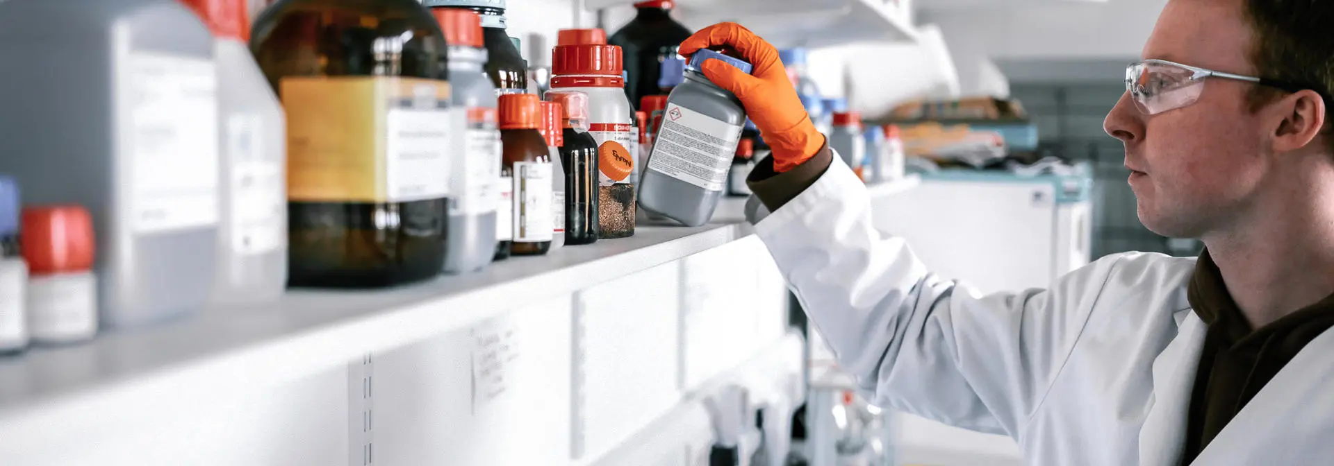 Toxicology student reaching for chemicals on a shelf