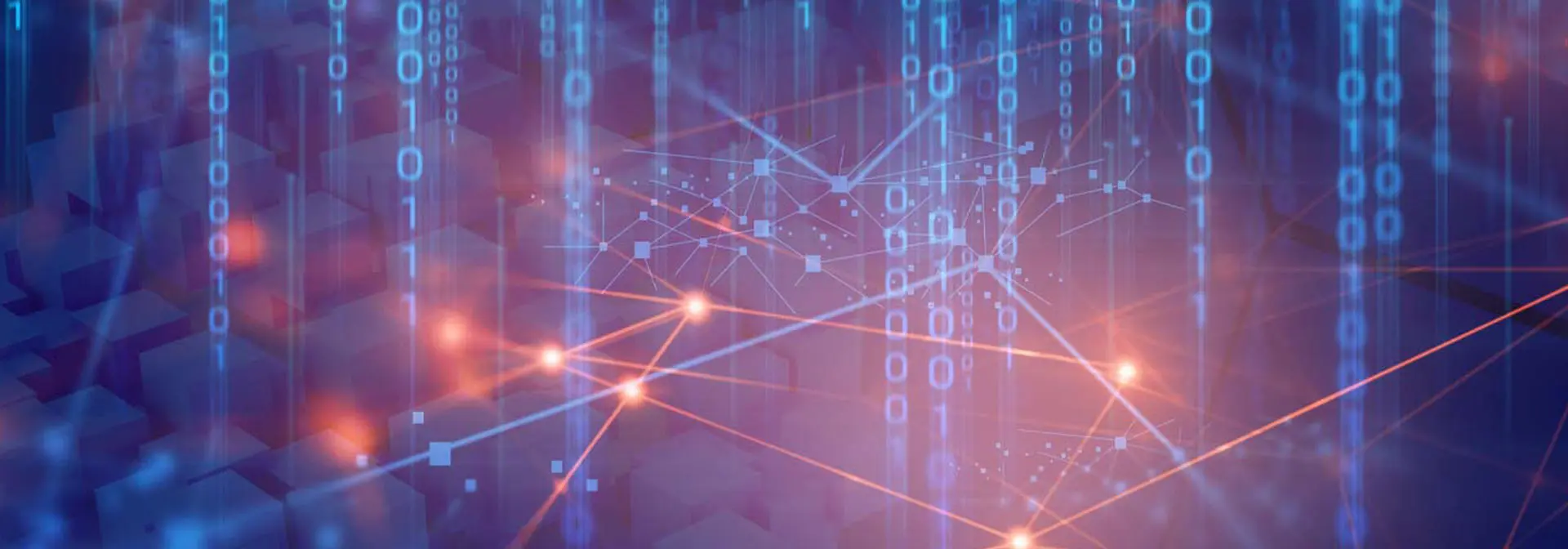 Abstract digital network with glowing orange nodes connected by lines and cascading blue binary code.