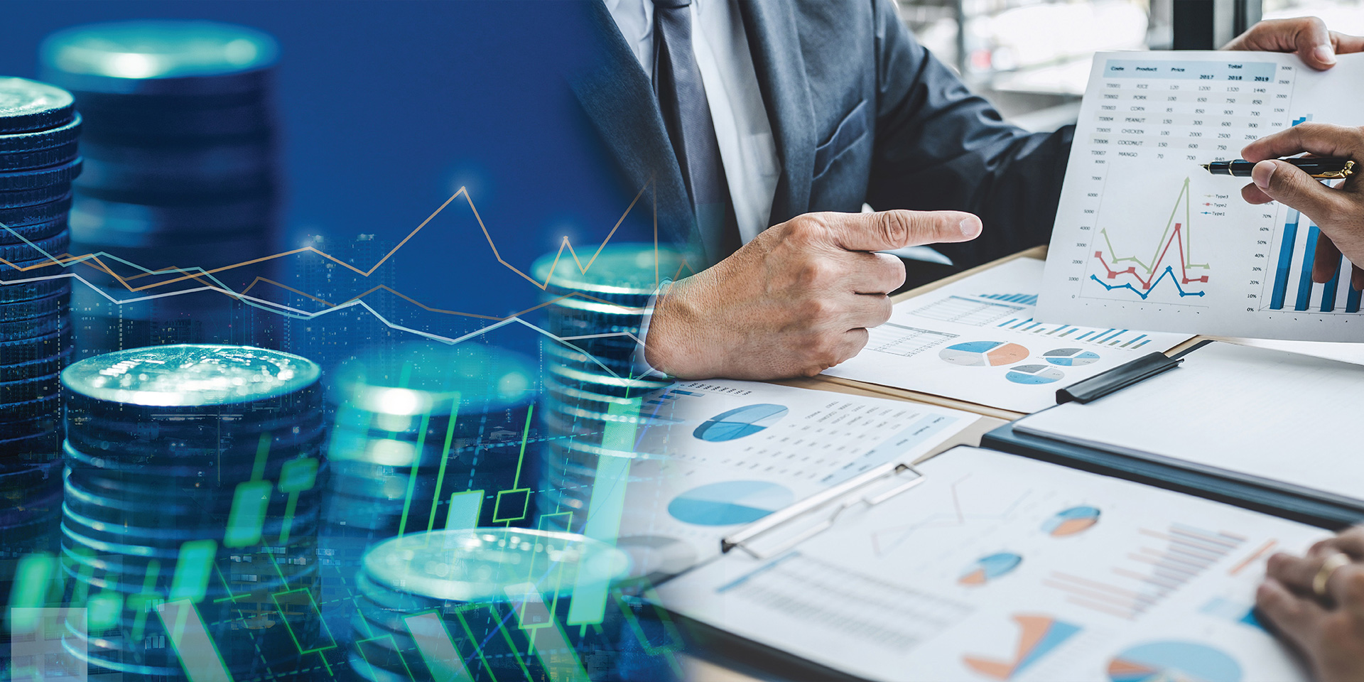 A group of business people reviewing charts and coins, discussing financial strategies.