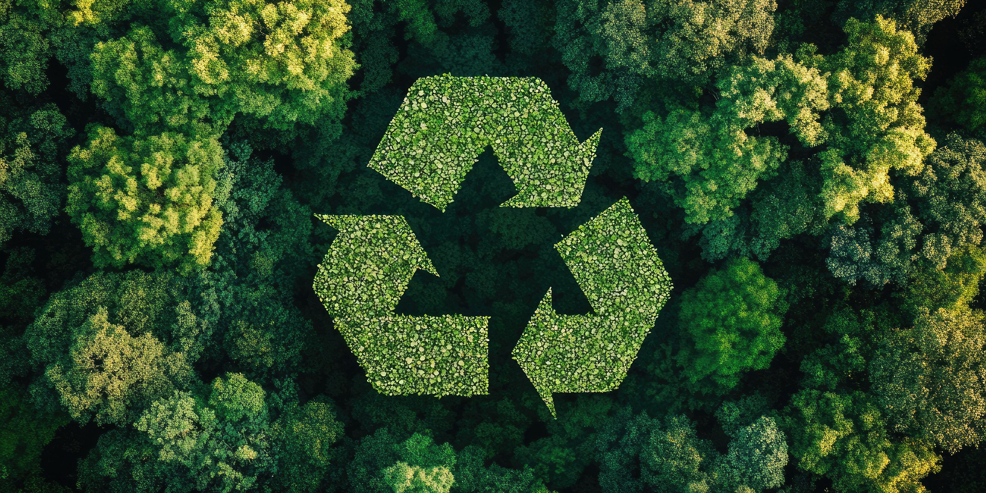 Aerial view of green forest with a large recycling symbol made of leafy plants at the centre.