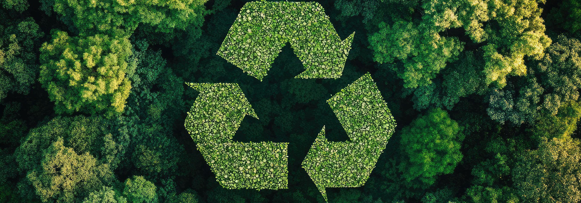 Aerial view of green forest with a large recycling symbol made of leafy plants at the centre.