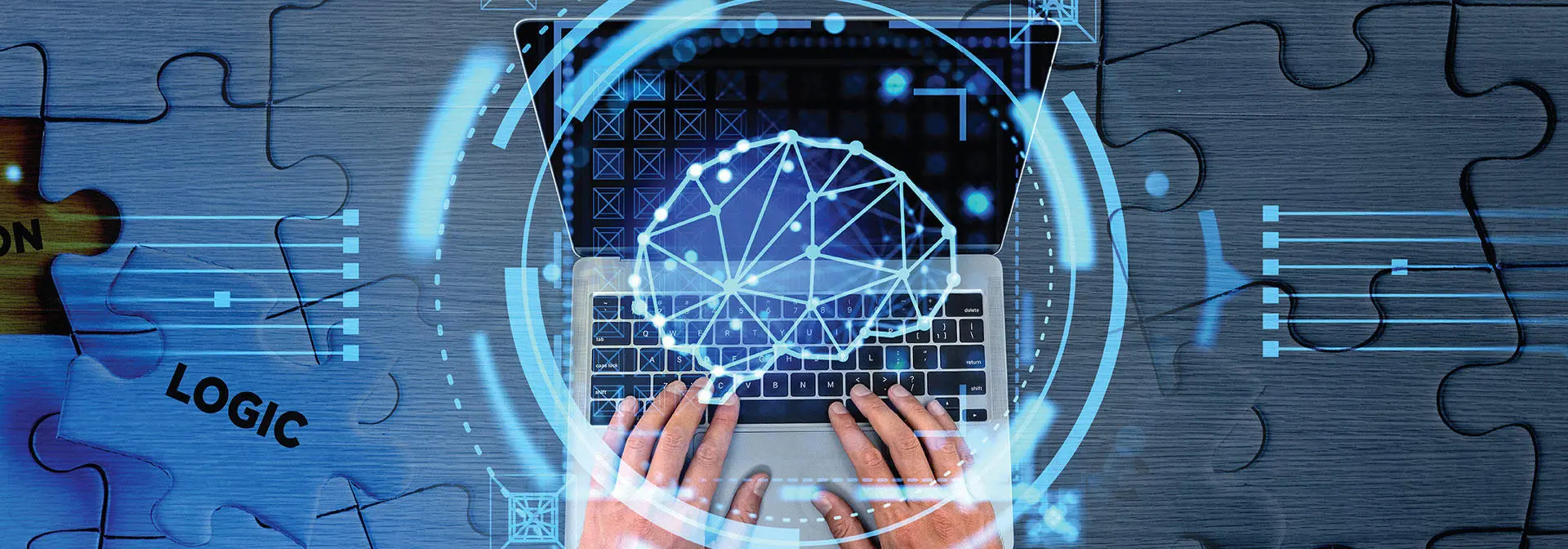 An illustration of a brain linked to a laptop, representing the integration of cognitive processes and digital devices.