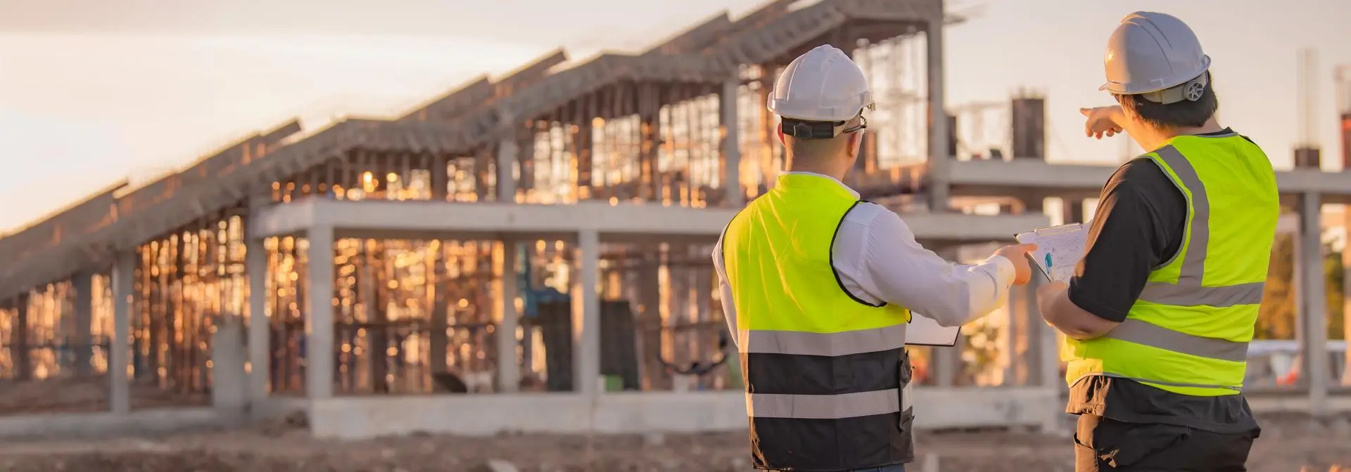 Tow engineers in high visibility vest and white hard hats inspecting construction site from far