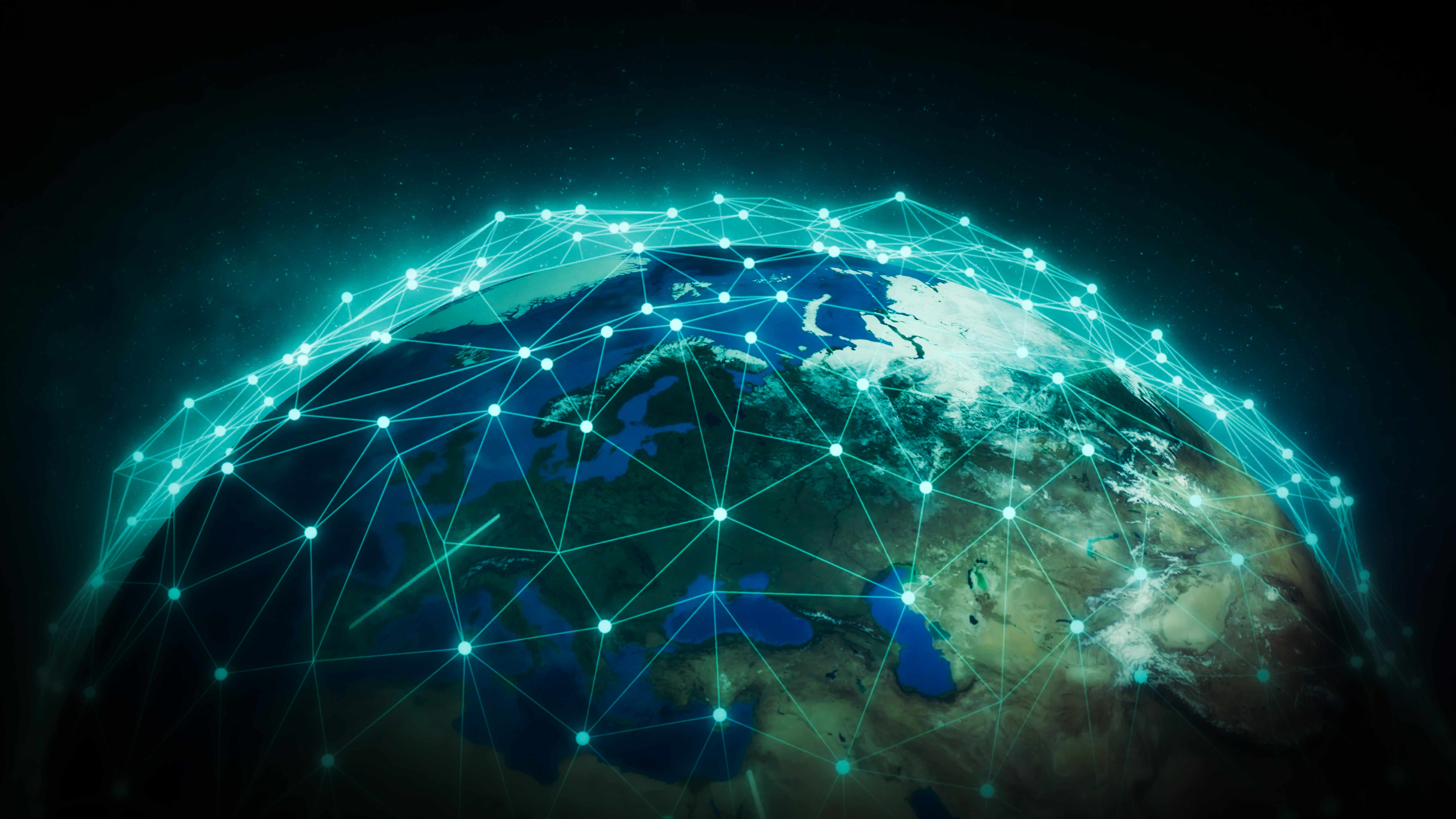 A digital representation of Earth, overlaid with a network of glowing lines and nodes symbolising global connectivity.