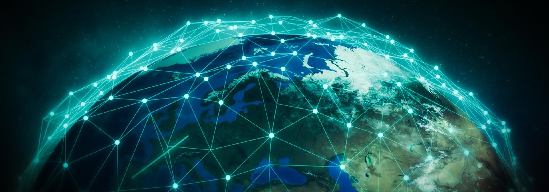 A digital representation of Earth, overlaid with a network of glowing lines and nodes symbolising global connectivity.