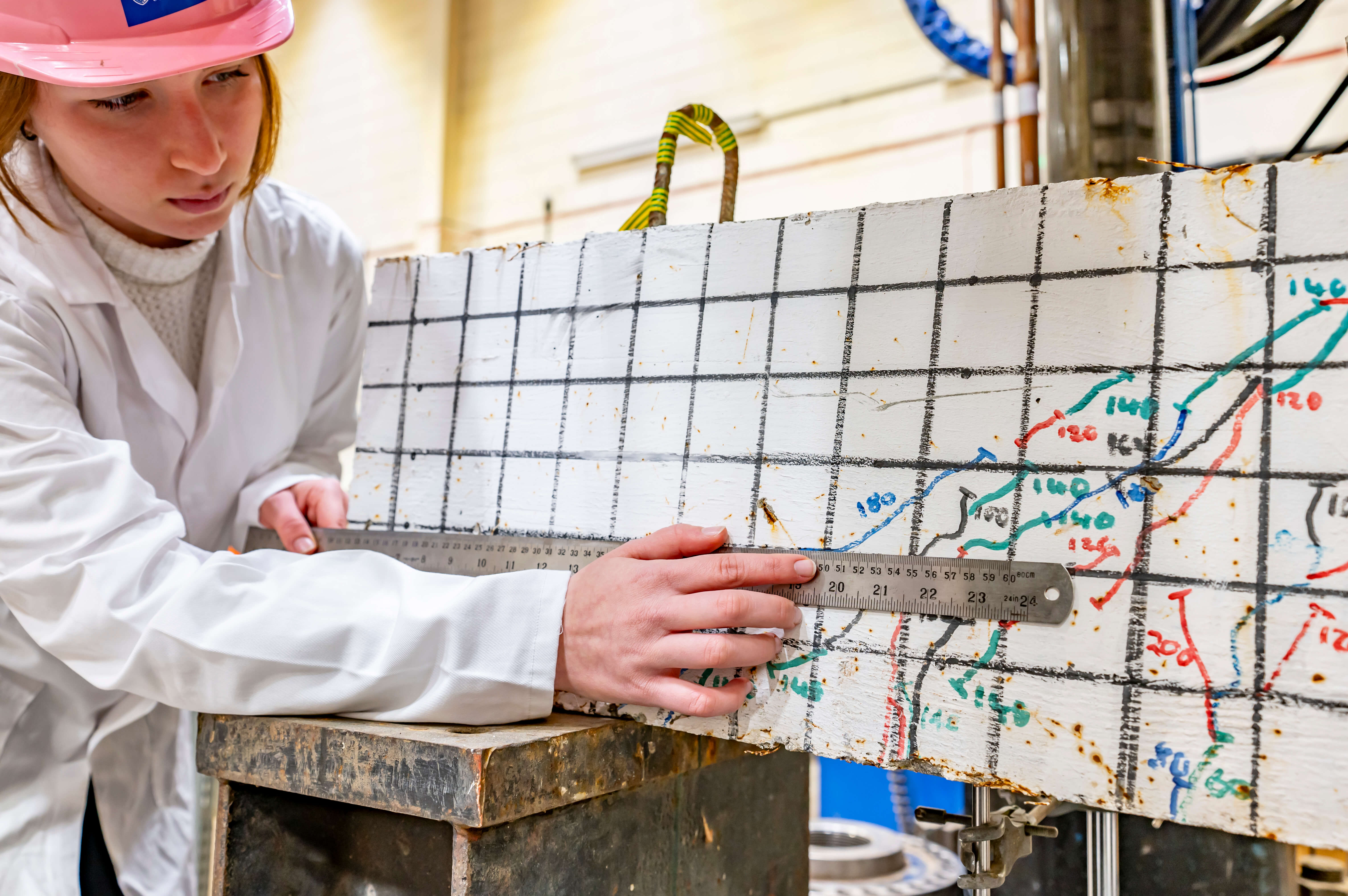 A student using a metal ruler on a piece of material that has been crushed by a pneumatic press
