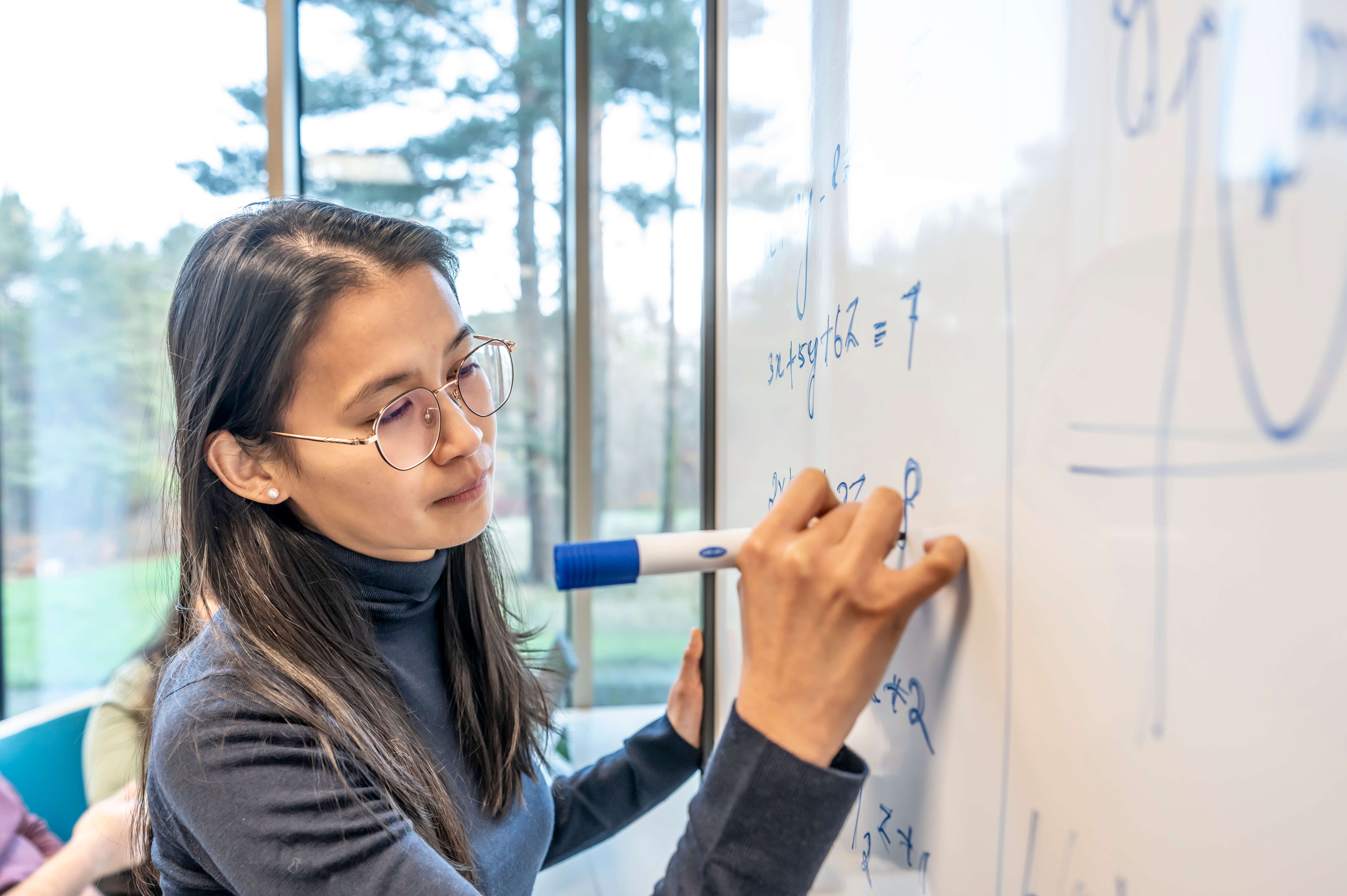 Mathematics student woman writes on a whiteboard