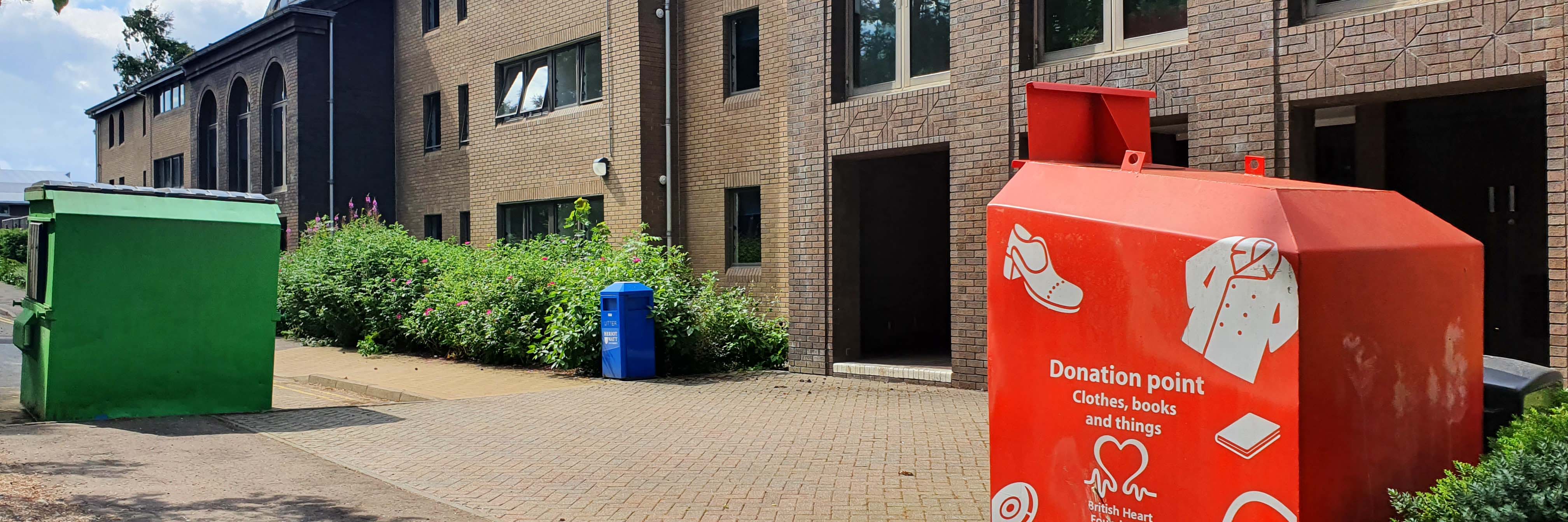 Recycling containers outside the Leonard Horner Hall building at the Edinburgh Campus
