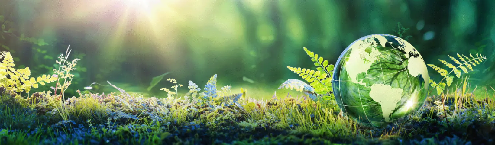 Abstract graphic of mossy earth and a glass globe.