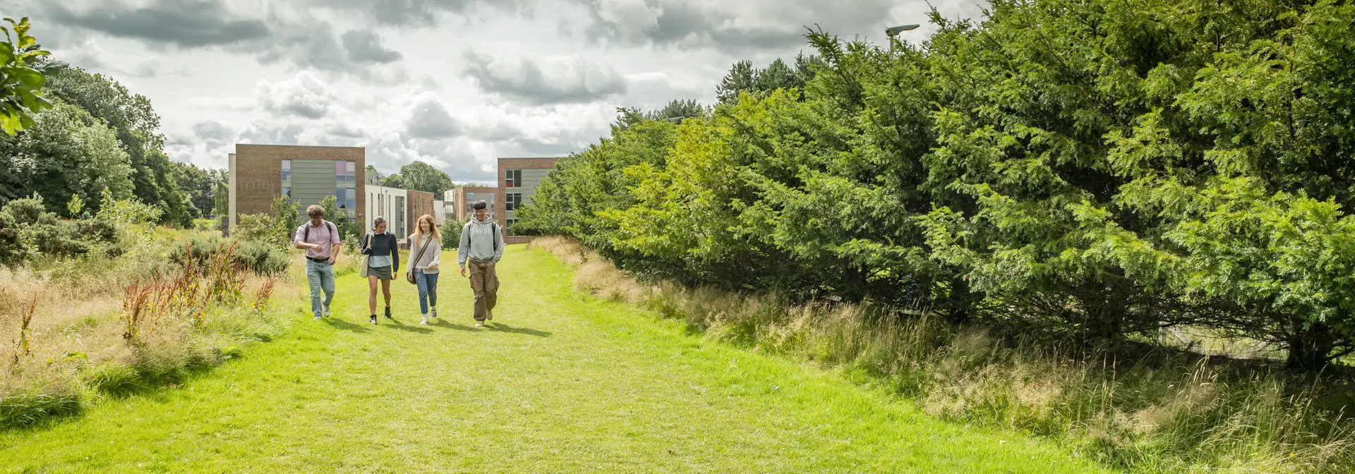 A group of students leaving the student village (halls of accommodation)