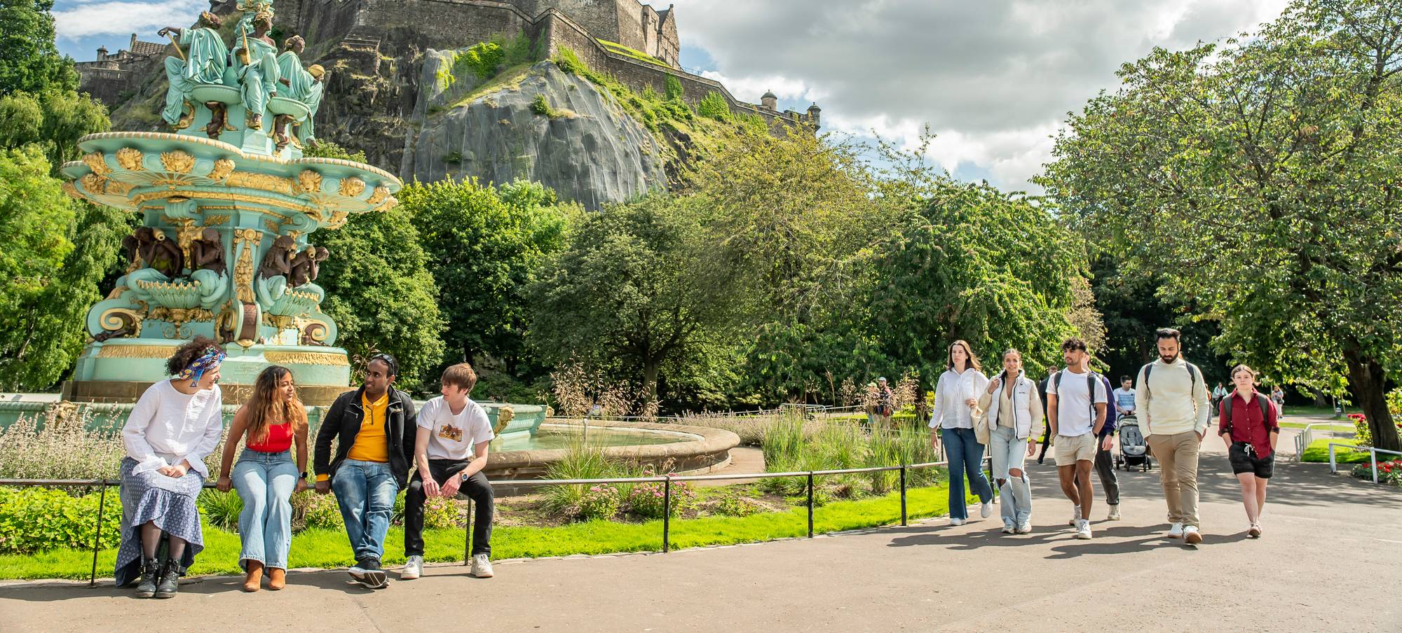 Students walking through Princes Street Gardens in Edinburgh