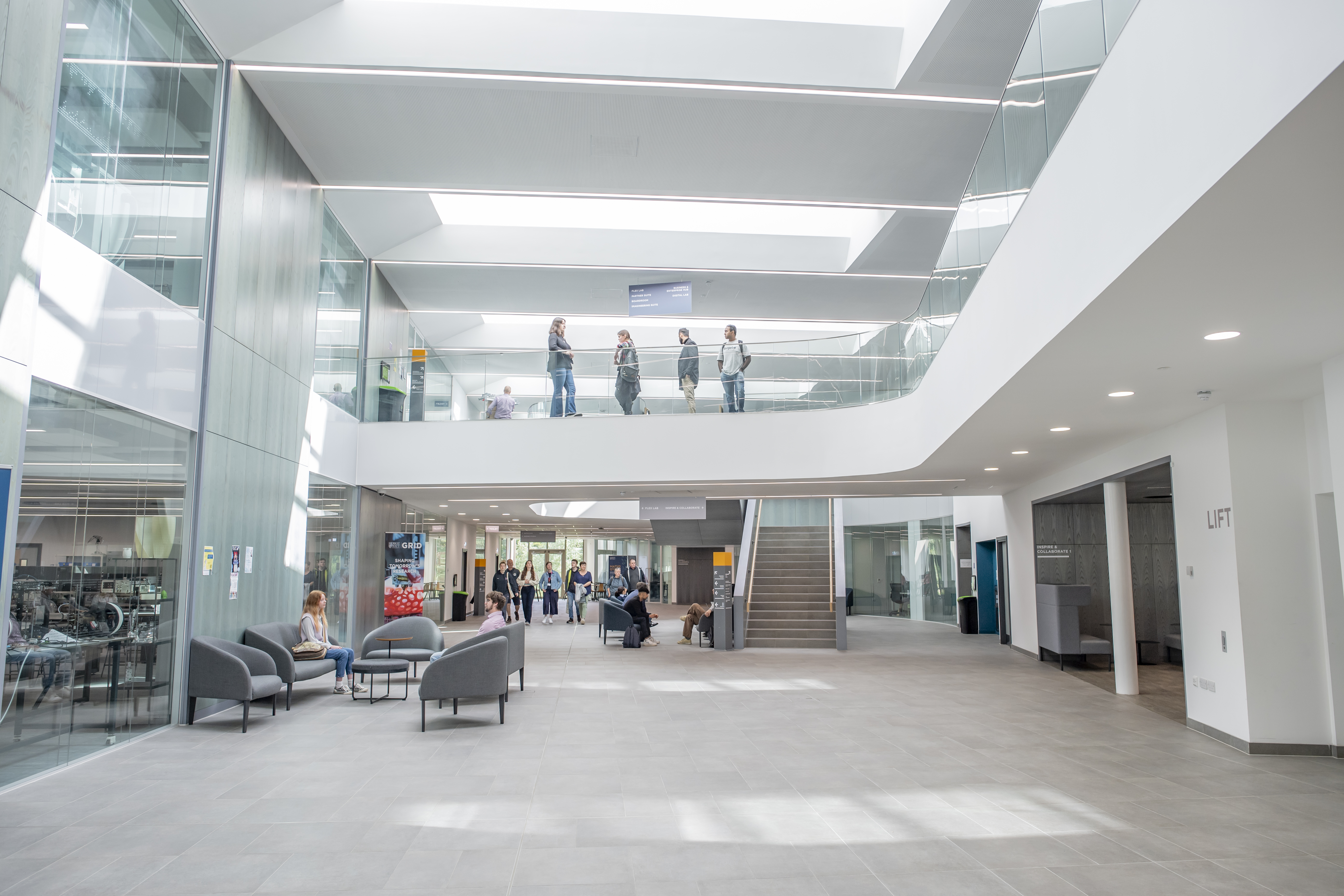 Students on the GRID building lower and mezzanine floors, Edinburgh Campus