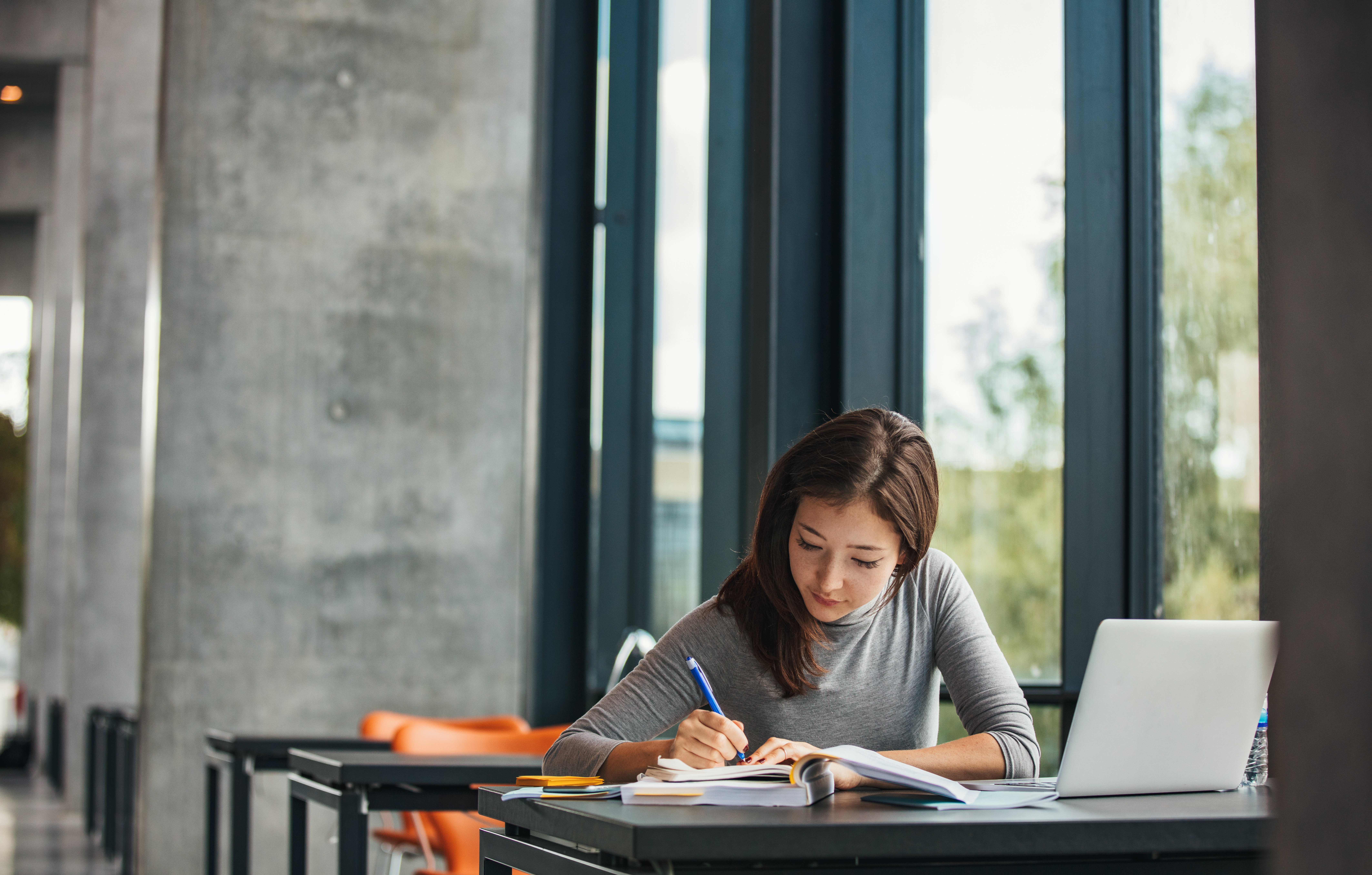 Woman writing at desk beside window