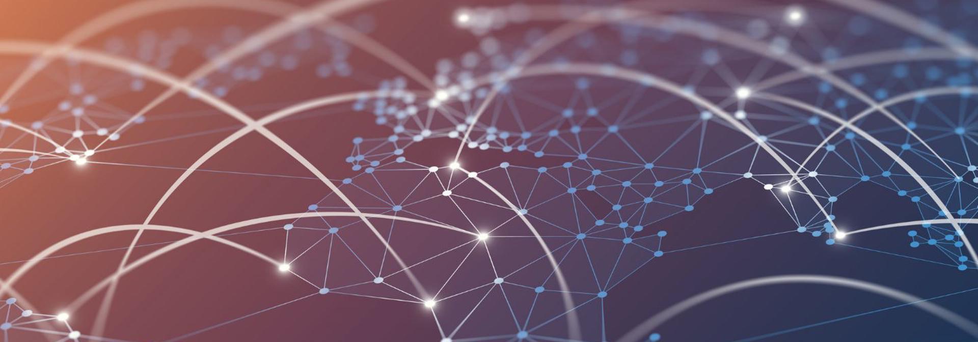 Abstract graphic of nodes connecting different places across a map