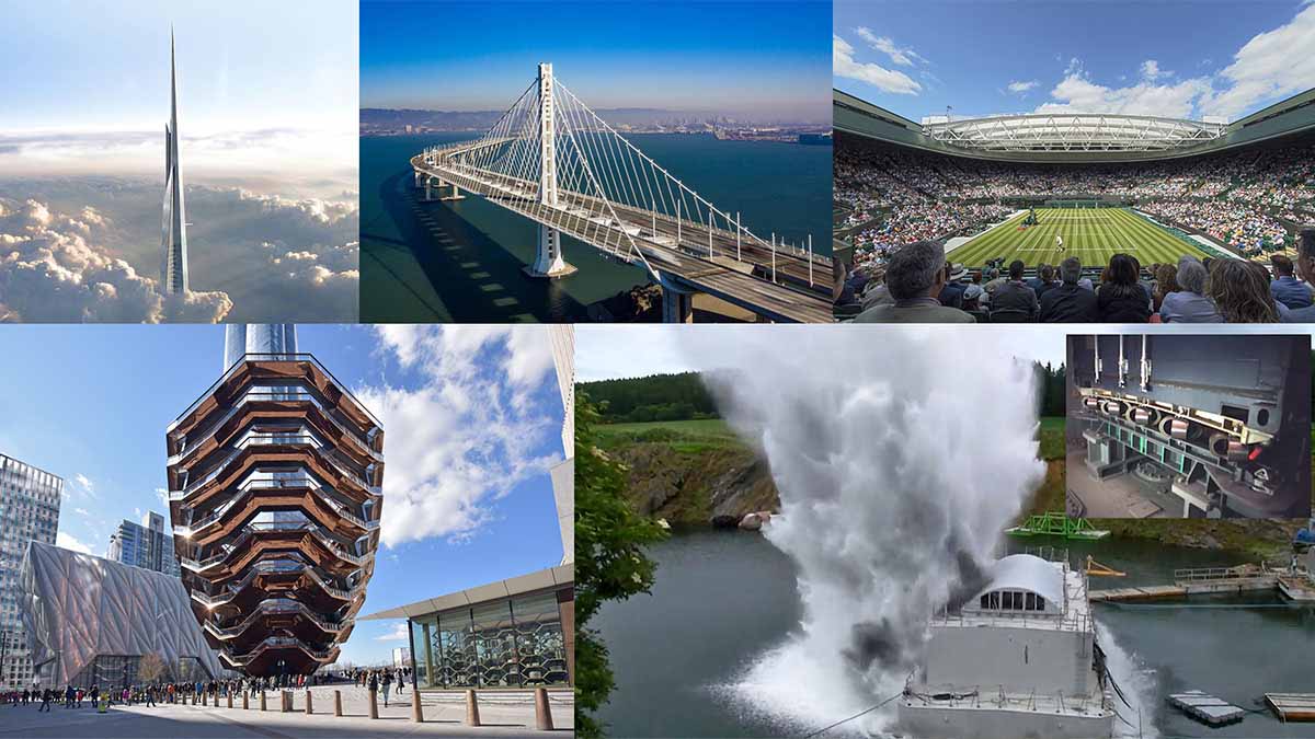 collage of bridge, sports stadium, tower and dam