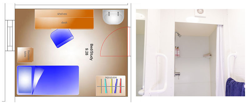 Plan for self-catered room and picture of the shower