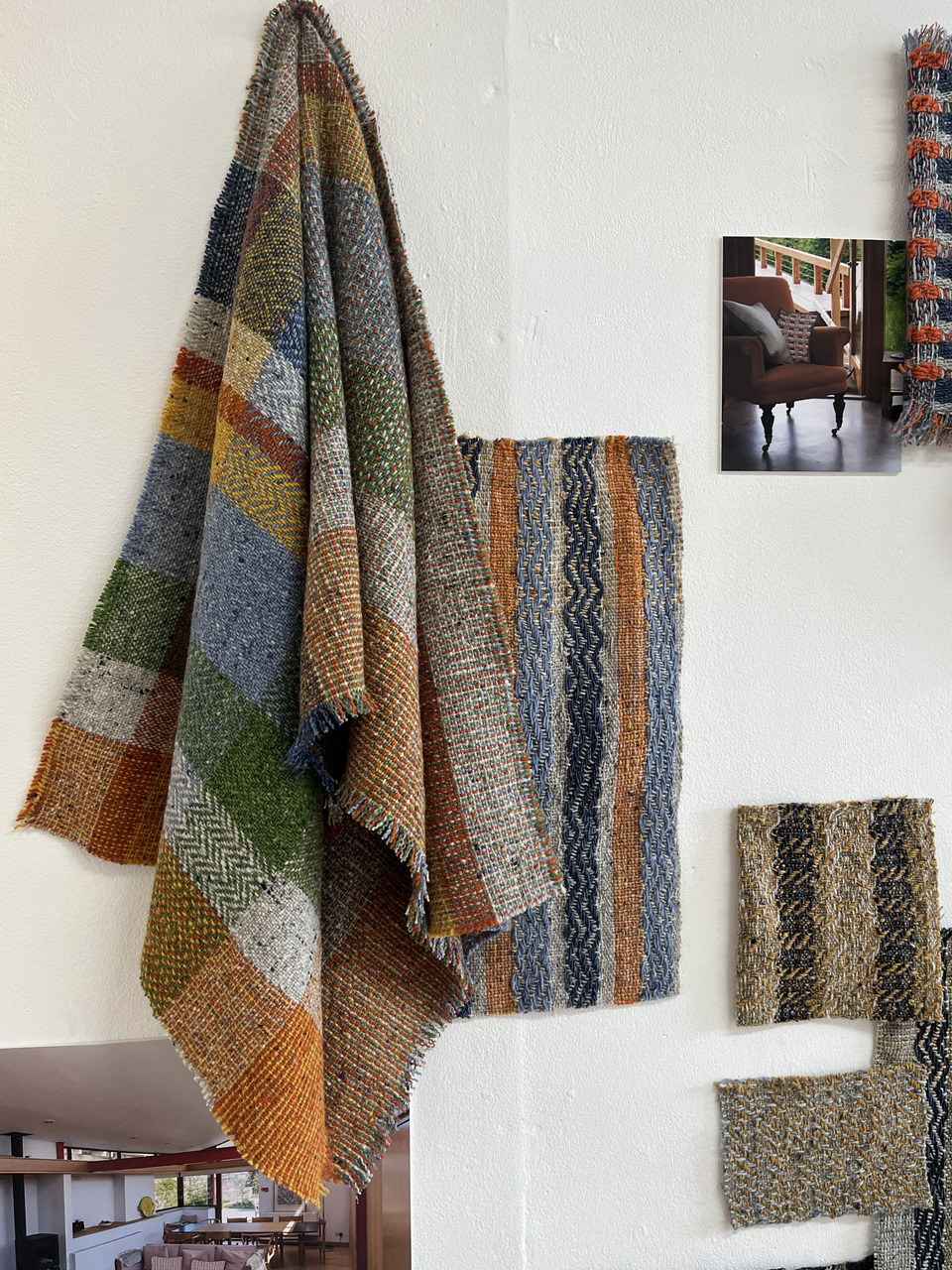 Close up of textile throws, covers and swatches
